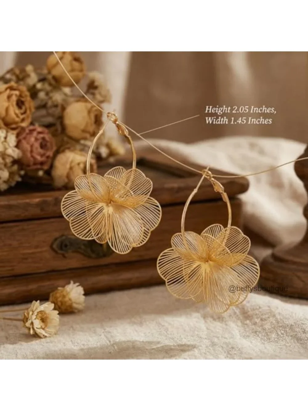 3D Floral Dangle Drop Earrings Gold Tone Statement Hoop Women Jewelry